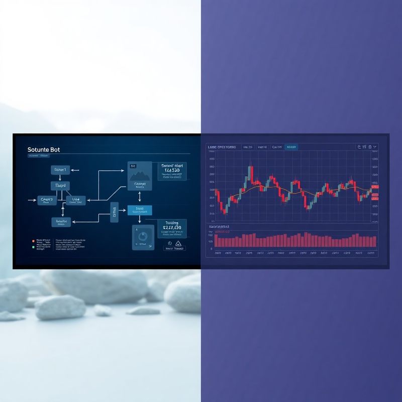 Tehnični diagram delovanja trading bota in graf cen v indigo paleti